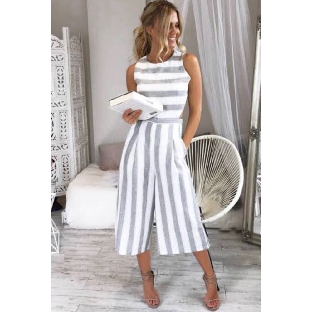 Striped backless wide leg jumpsuit